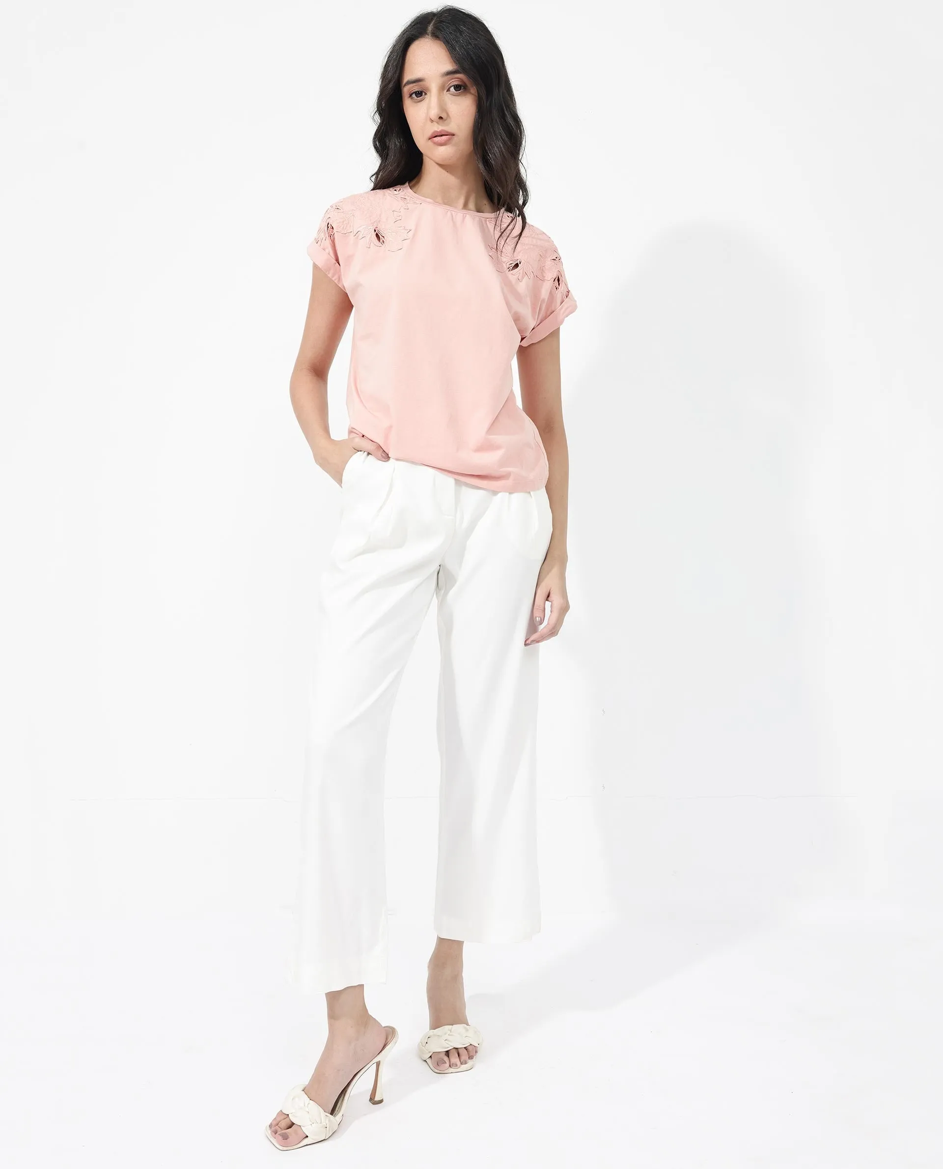 Rareism Women Xinia Light Peach Cotton Elastane Fabric Crew Neck Knit Solid T-Shirt