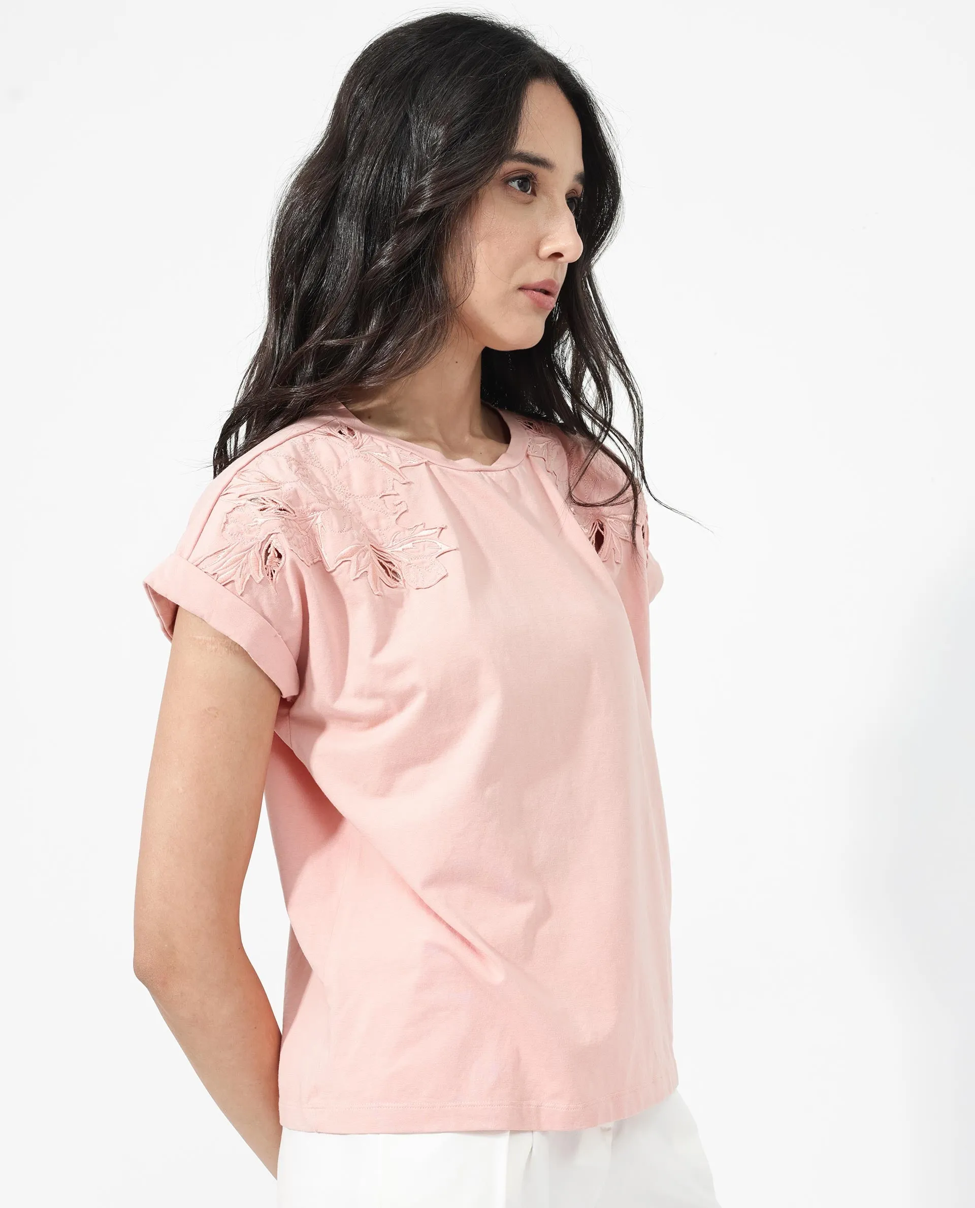 Rareism Women Xinia Light Peach Cotton Elastane Fabric Crew Neck Knit Solid T-Shirt