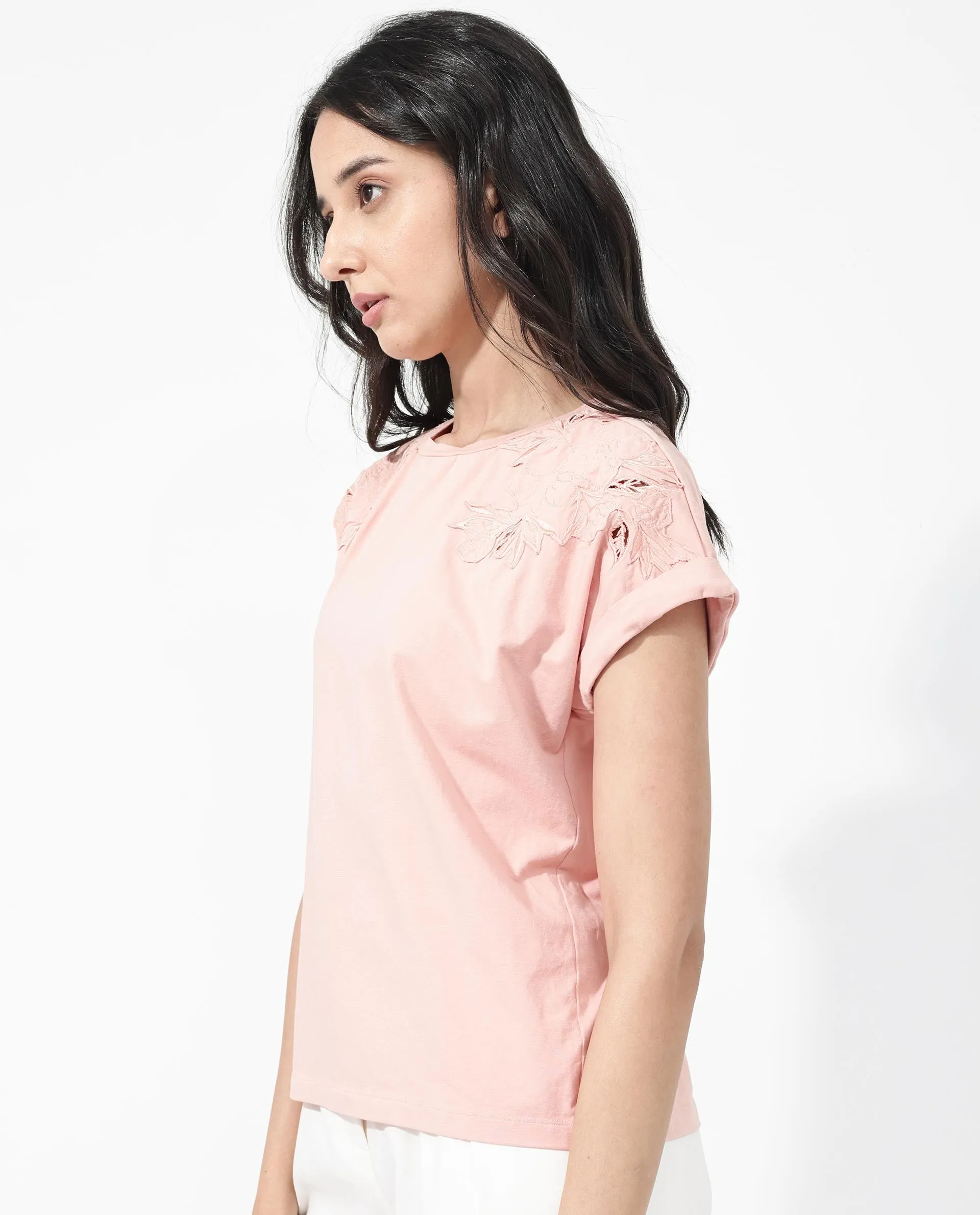 Rareism Women Xinia Light Peach Cotton Elastane Fabric Crew Neck Knit Solid T-Shirt