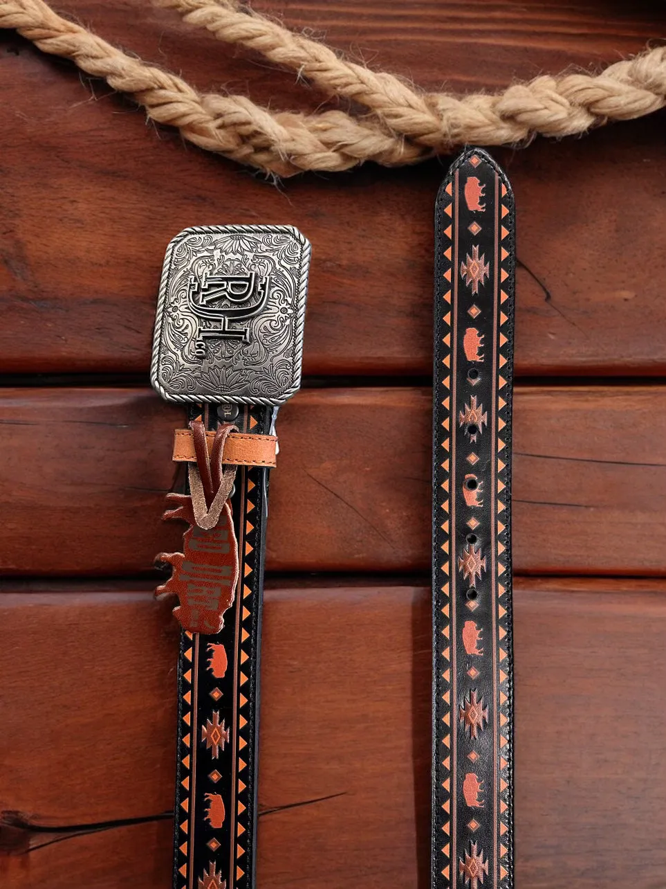 Red Dirt Hat Co. Men’s Genuine  Black w/Rust Bison and Brown Printed Design Leather Belt 24069BE5