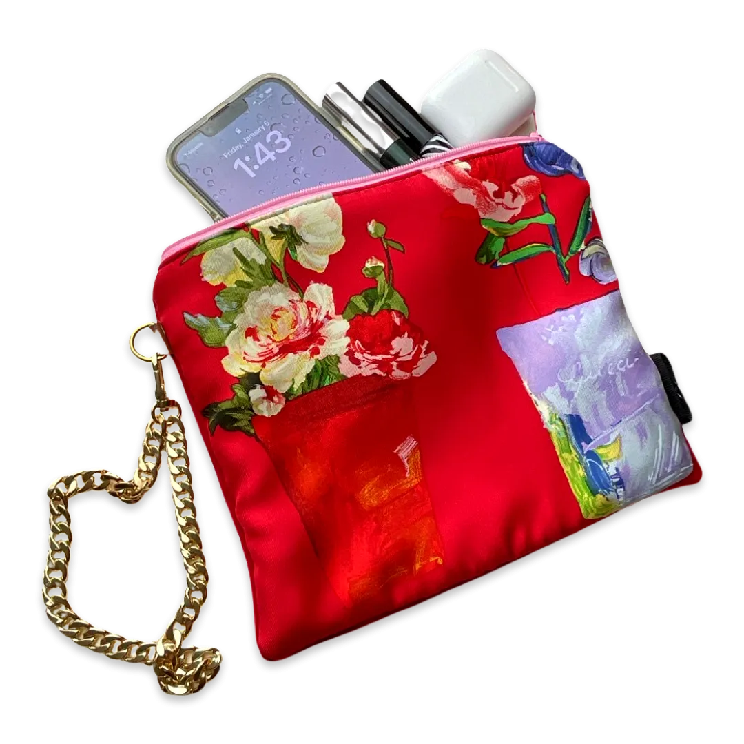 Red Floral Vintage Silk Scarf Wristlet Bag