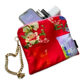 Red Floral Vintage Silk Scarf Wristlet Bag
