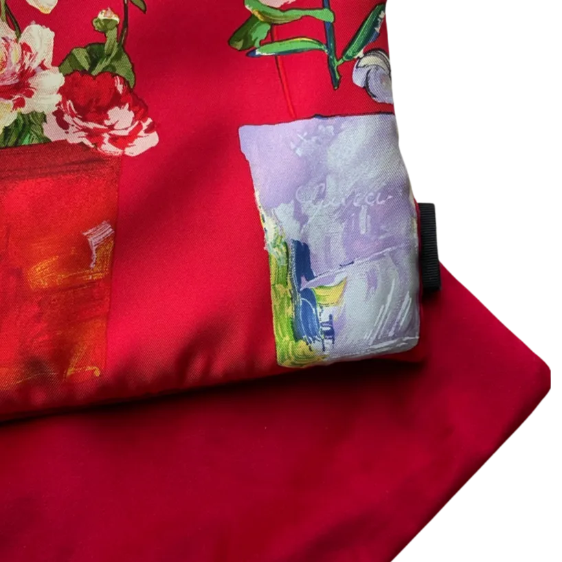 Red Floral Vintage Silk Scarf Wristlet Bag