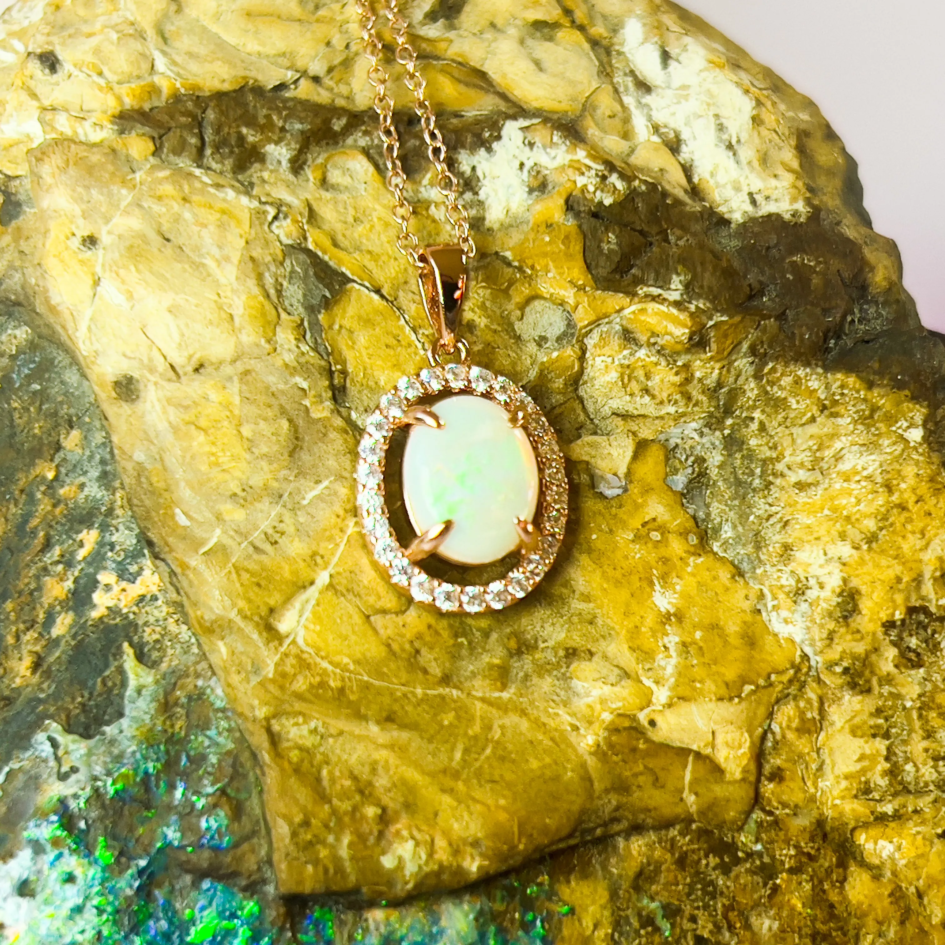 Rose Gold Plated Sterling Silver White Opal Halo Pendant - Dainty, Gold & Silver, Raw & Fire Opal Necklace"