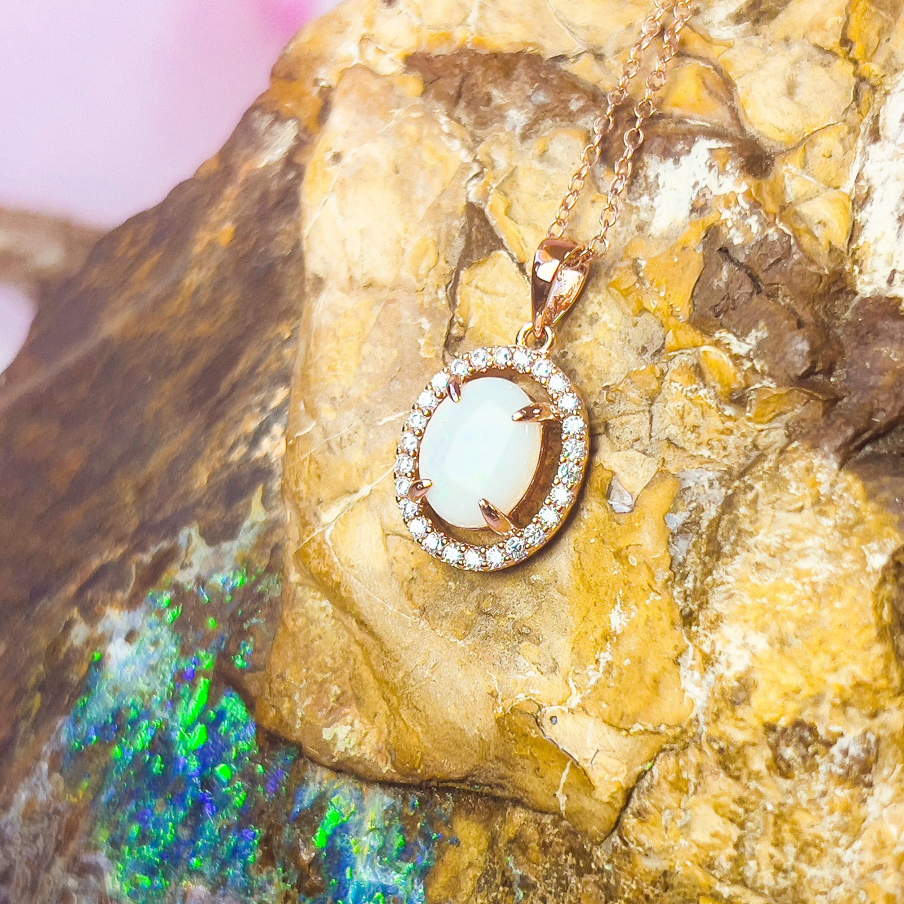 Rose Gold Plated Sterling Silver White Opal Halo Pendant - Dainty, Gold & Silver, Raw & Fire Opal Necklace"