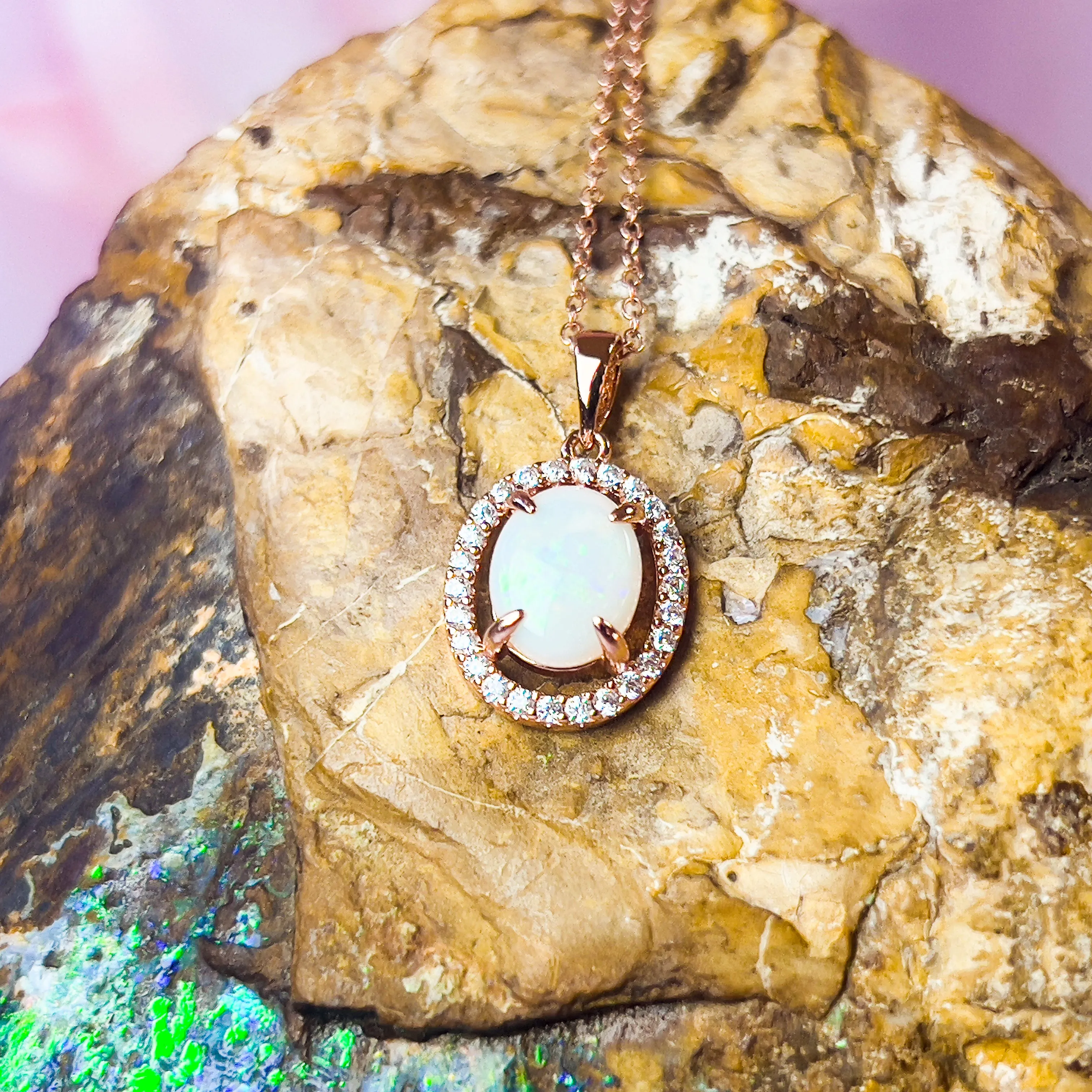 Rose Gold Plated Sterling Silver White Opal Halo Pendant - Dainty, Gold & Silver, Raw & Fire Opal Necklace"