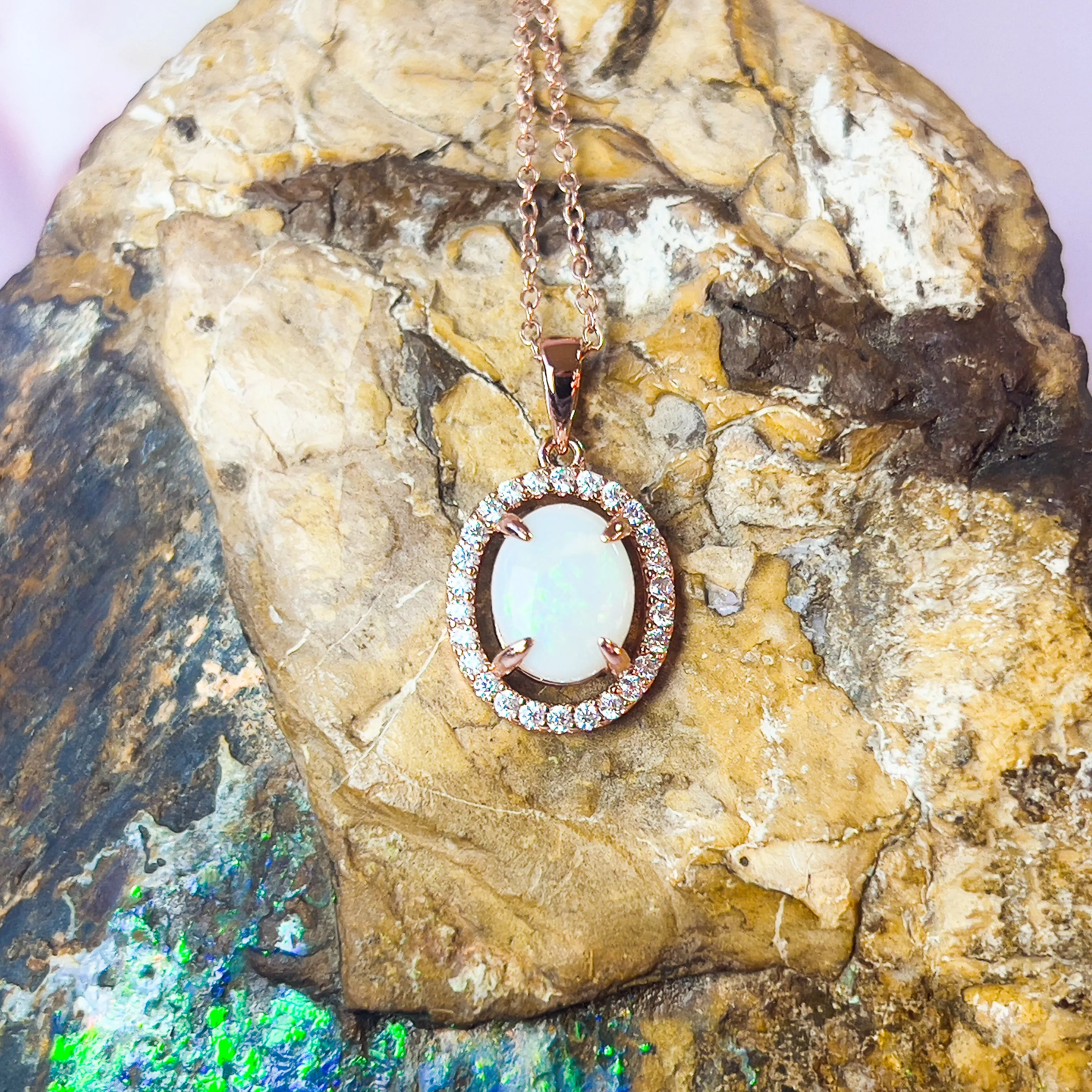 Rose Gold Plated Sterling Silver White Opal Halo Pendant - Dainty, Gold & Silver, Raw & Fire Opal Necklace"