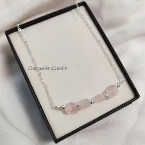 Rose Quartz Bar Necklace, Raw Rose Quartz Necklace, Gemstone Bar Necklace, Healing Rose Quartz Jewelry, October Birthstone Necklace For Her