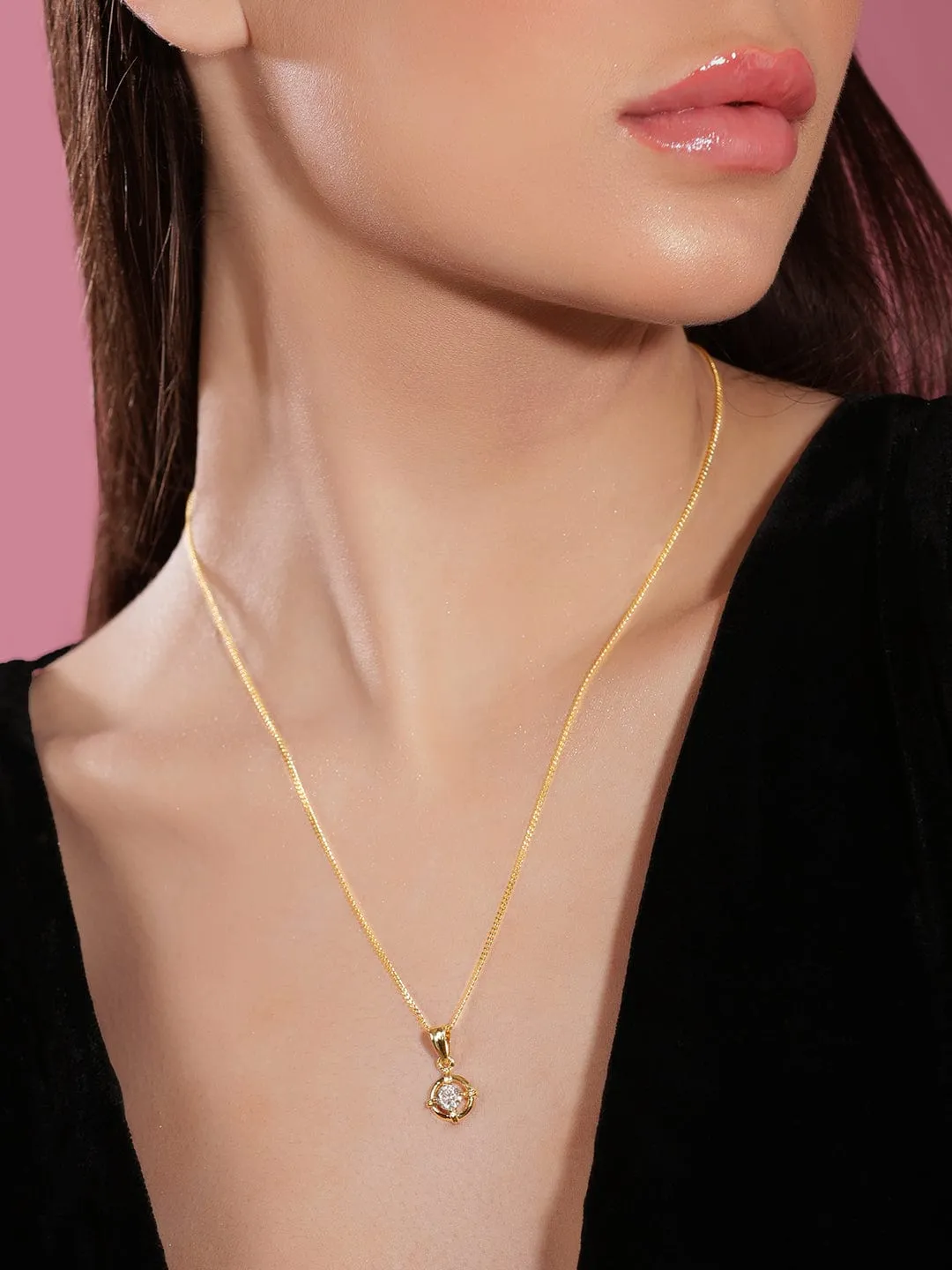Rubans 18K Gold Plated, Minimal Chain With Solitaire Zircon Studded Pendant Necklace.