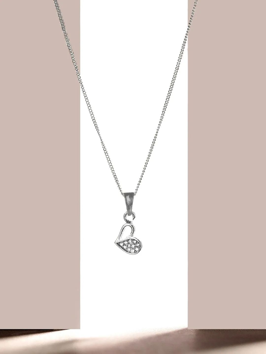Rubans Rhodium Plated, Minimal Chain Heart Motif Zircons Studded Necklace.