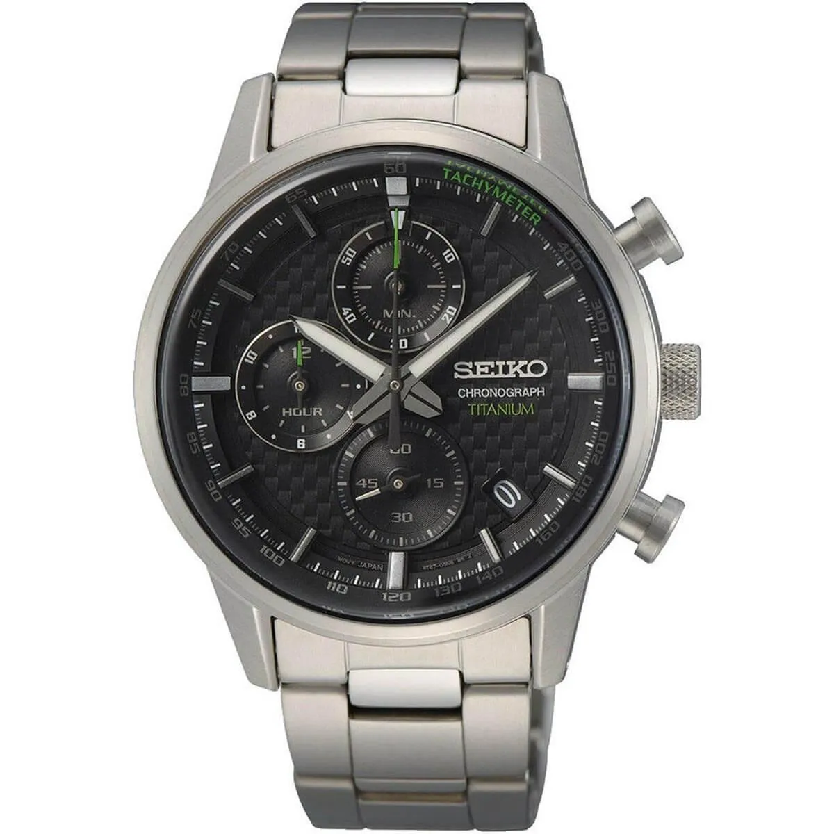 Seiko Men's Quartz Watch - Chronograph Black Dial Titanium Bracelet | SSB389P1