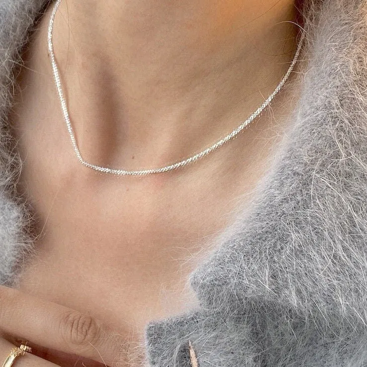 Sparkle Silver Necklace, S925 Sterling Silver Necklace, Dainty Necklace, Simple Chain Necklace, Layered Necklace, Glitter Minimal Necklace