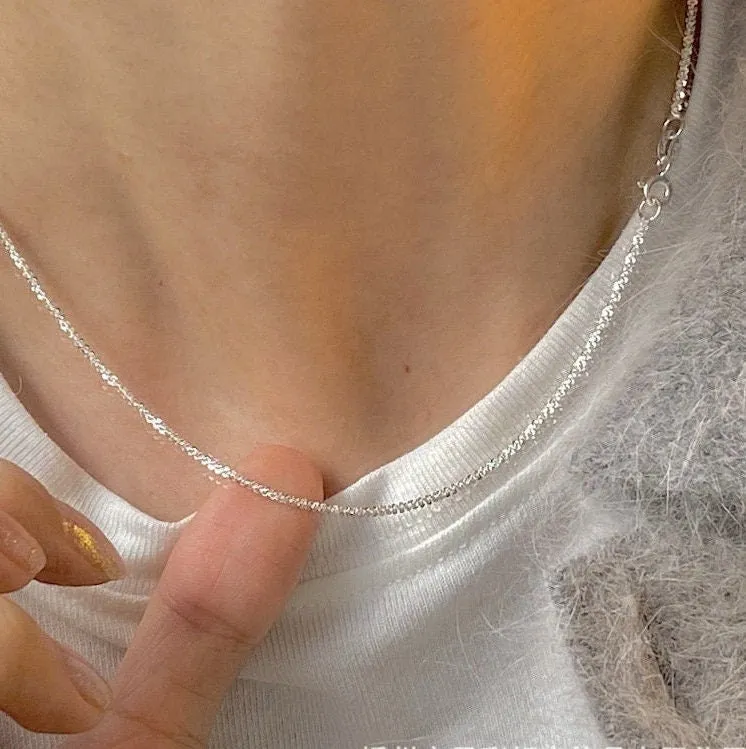 Sparkle Silver Necklace, S925 Sterling Silver Necklace, Dainty Necklace, Simple Chain Necklace, Layered Necklace, Glitter Minimal Necklace