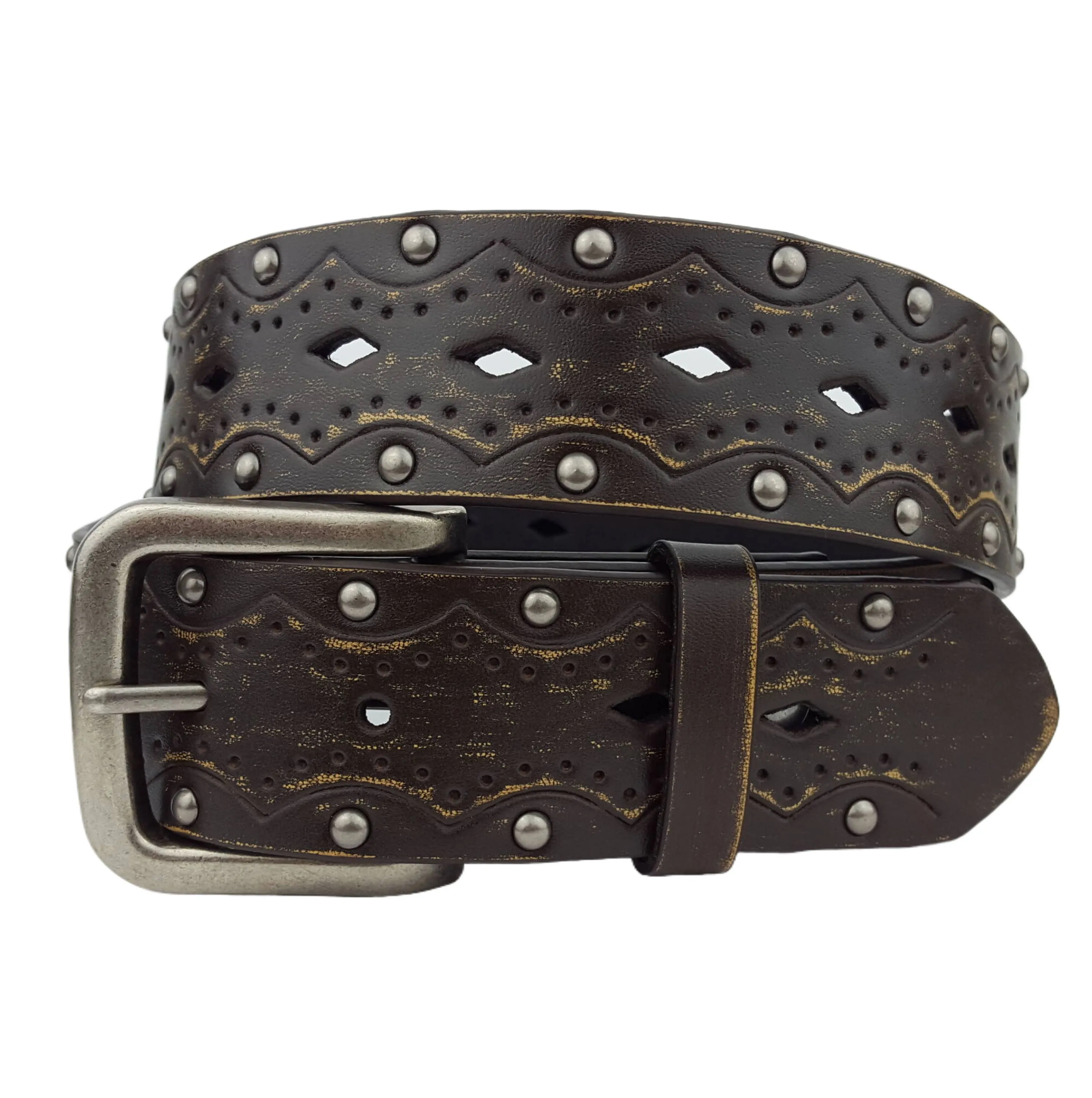 Vintage/Distressed Tooled and Studded Belt - Black