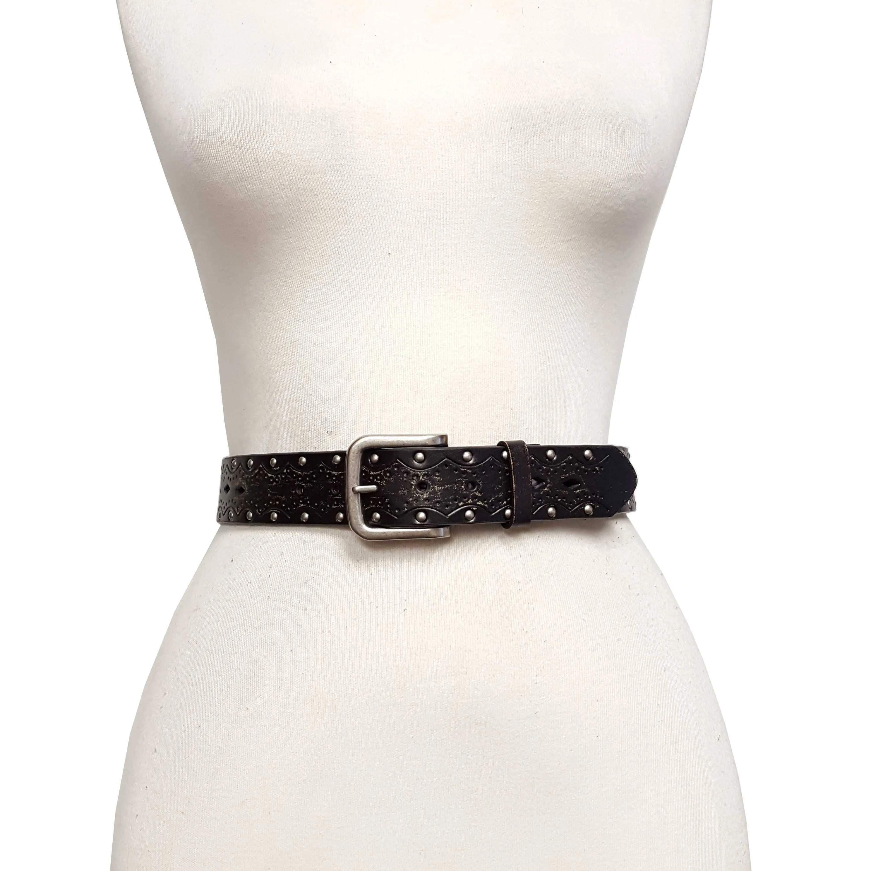 Vintage/Distressed Tooled and Studded Belt - Black