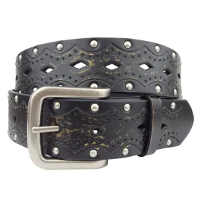 Vintage/Distressed Tooled and Studded Belt - Black