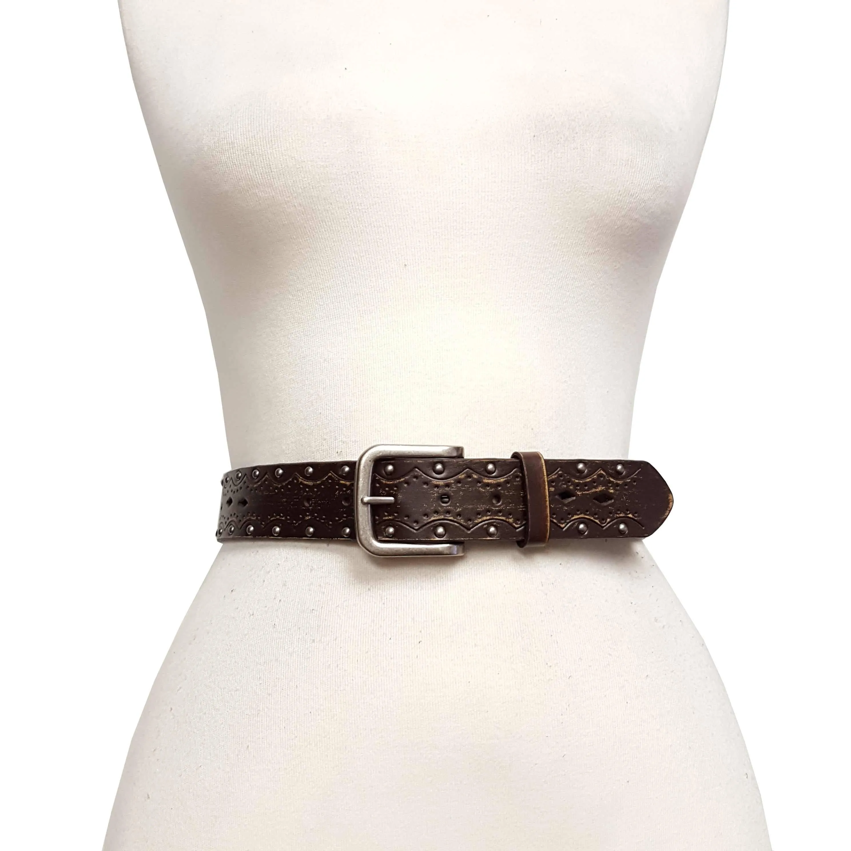 Vintage/Distressed Tooled and Studded Belt - Black