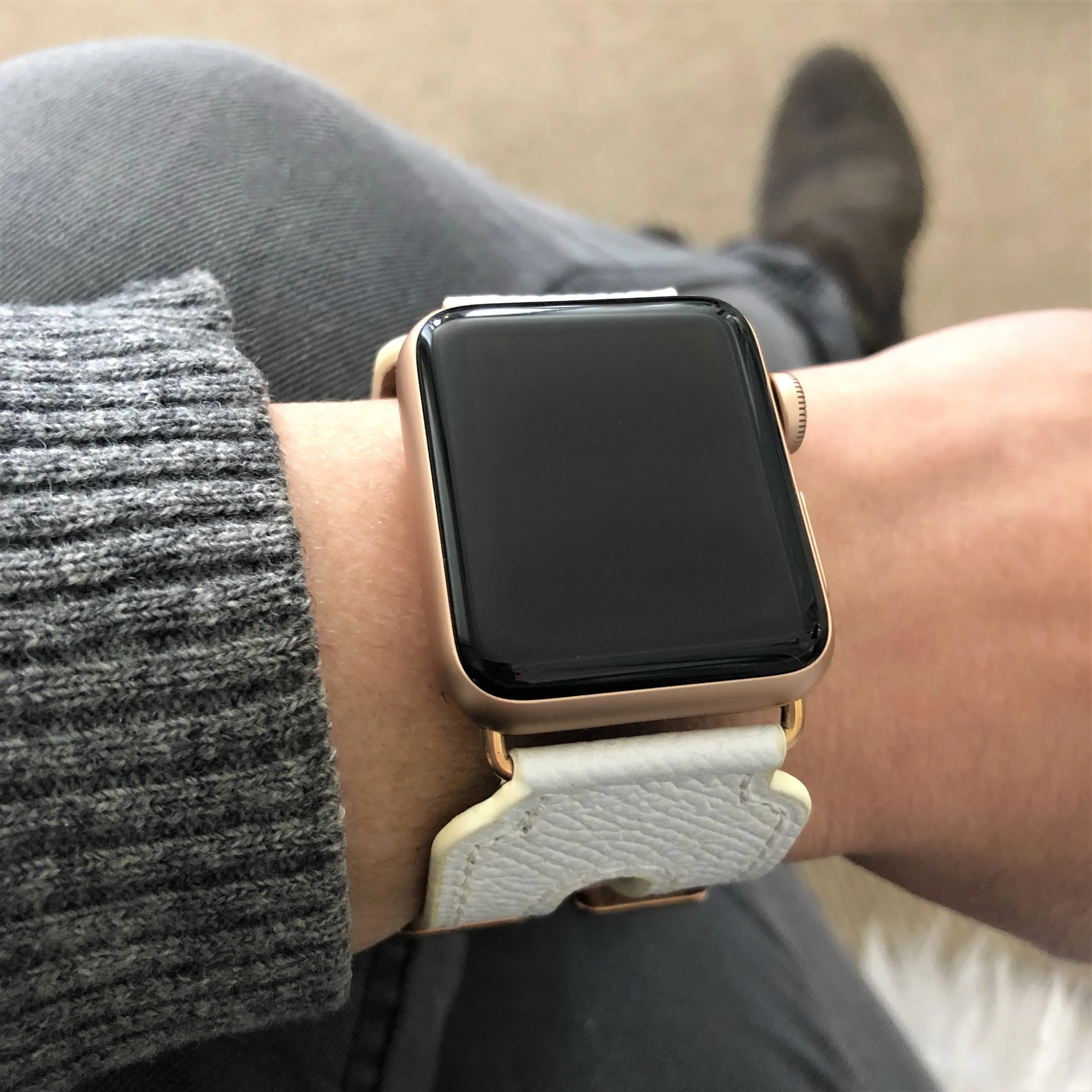 White Apple Watch Double Buckle Leather Cuff