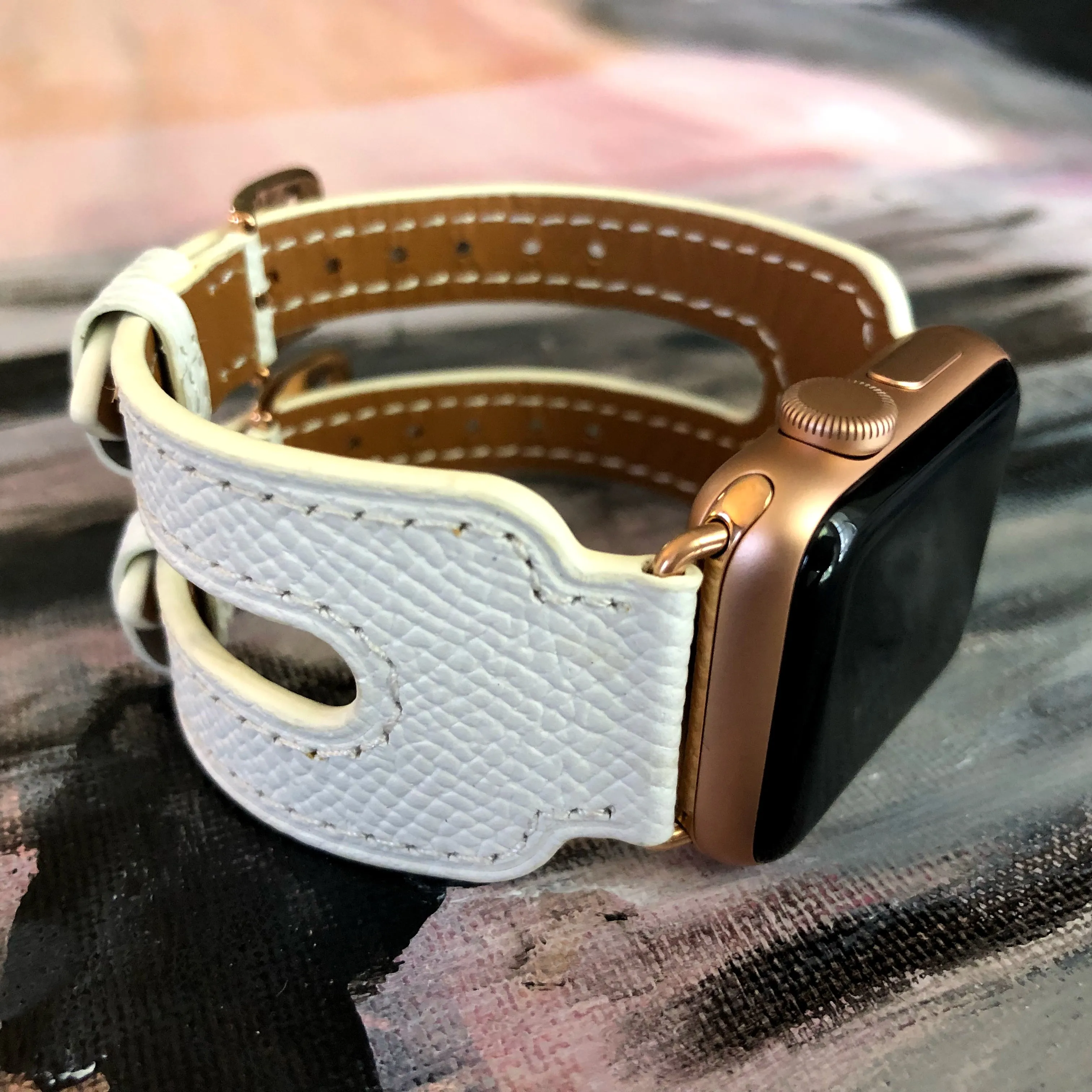 White Apple Watch Double Buckle Leather Cuff