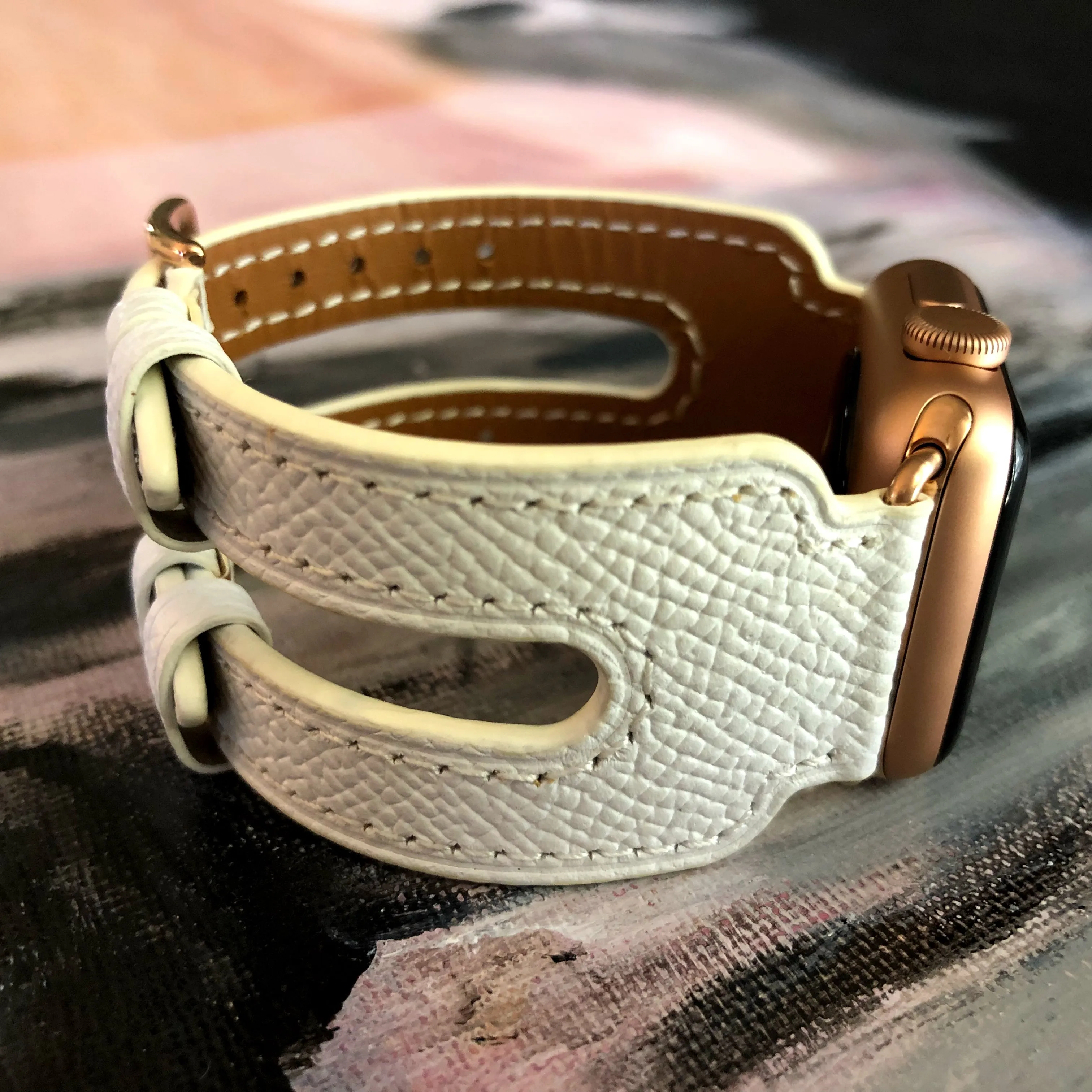 White Apple Watch Double Buckle Leather Cuff