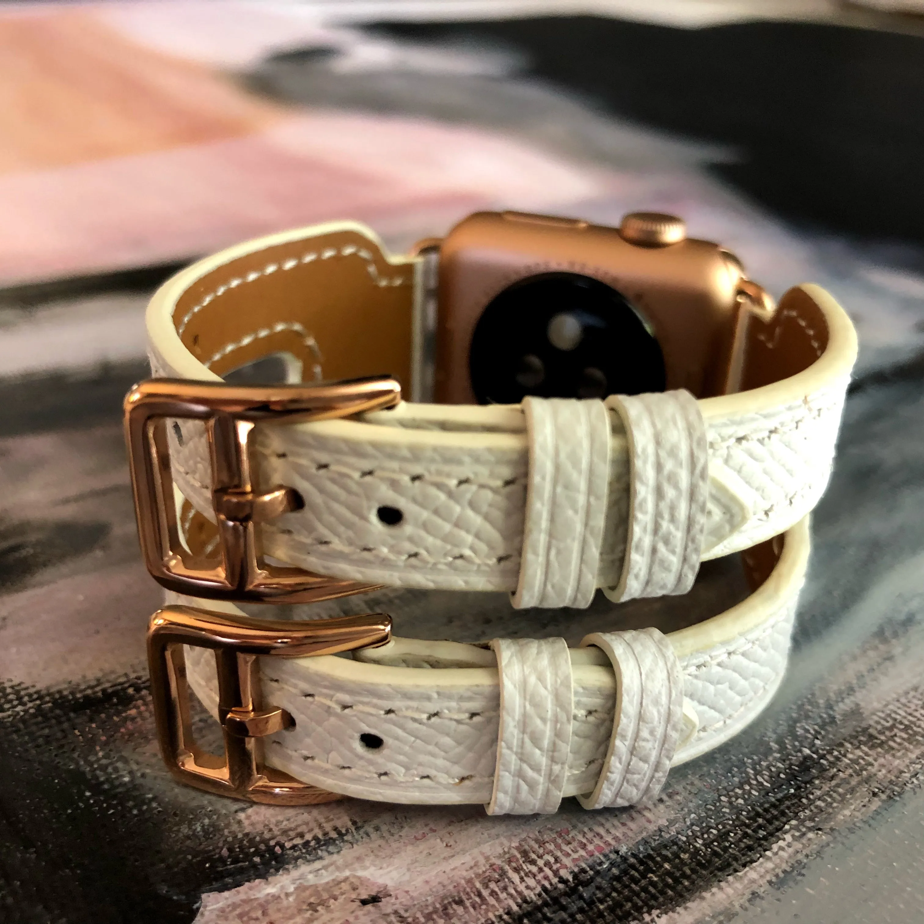White Apple Watch Double Buckle Leather Cuff