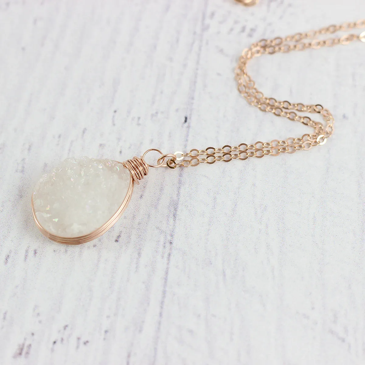White Druzy Rose Gold Teardrop Necklace