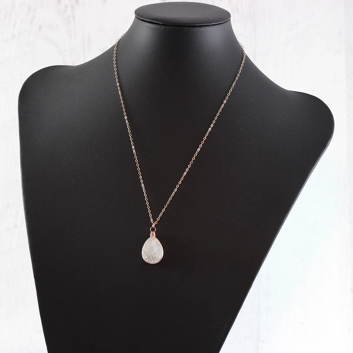 White Druzy Rose Gold Teardrop Necklace