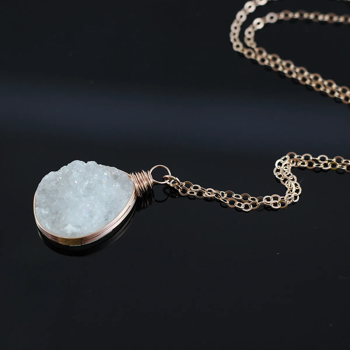 White Druzy Rose Gold Teardrop Necklace