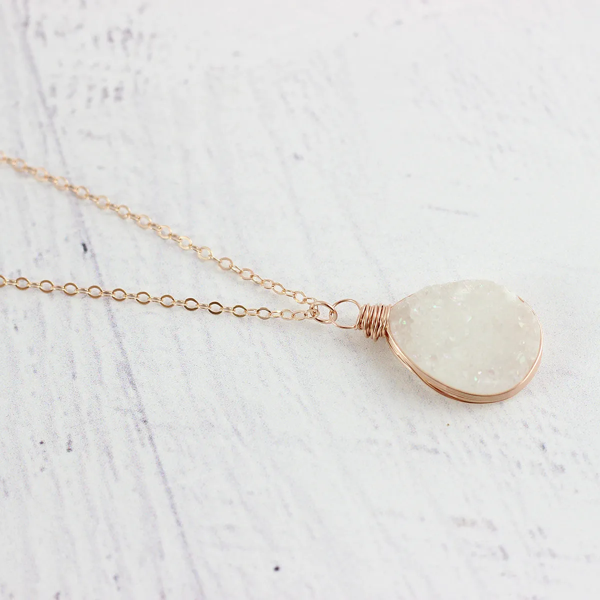 White Druzy Rose Gold Teardrop Necklace