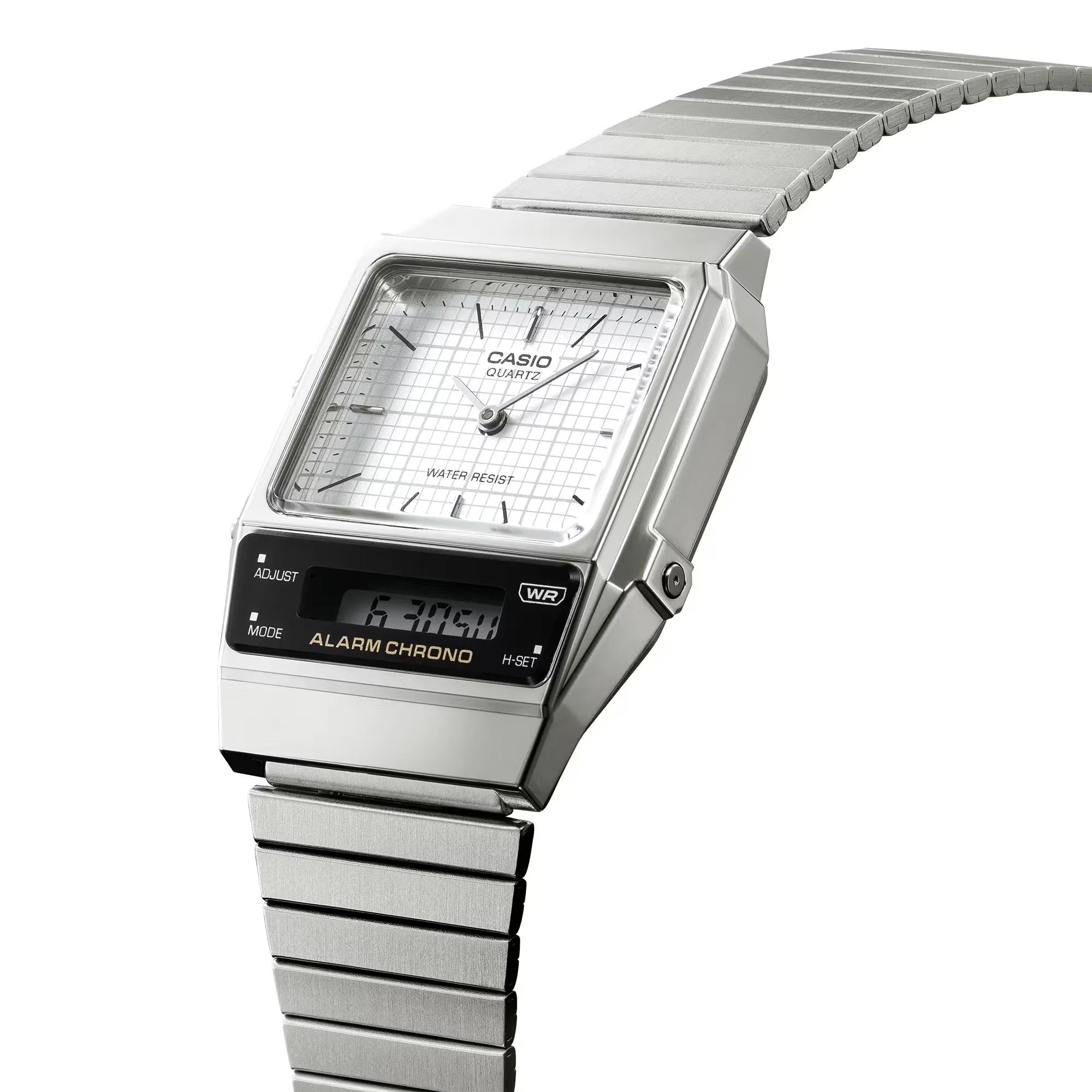 WW2090 Casio Vintage Dual Time Silver Chain Watch AQ-800E-7ADF
