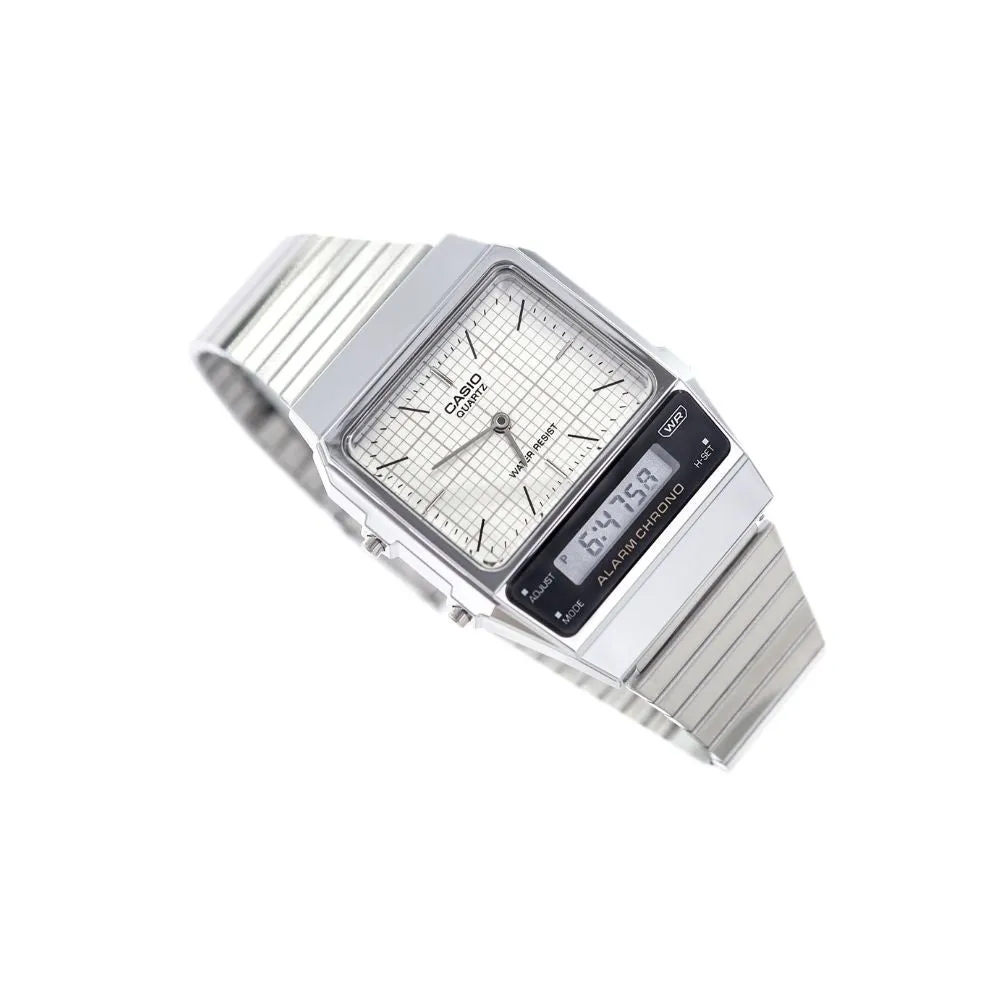 WW2090 Casio Vintage Dual Time Silver Chain Watch AQ-800E-7ADF