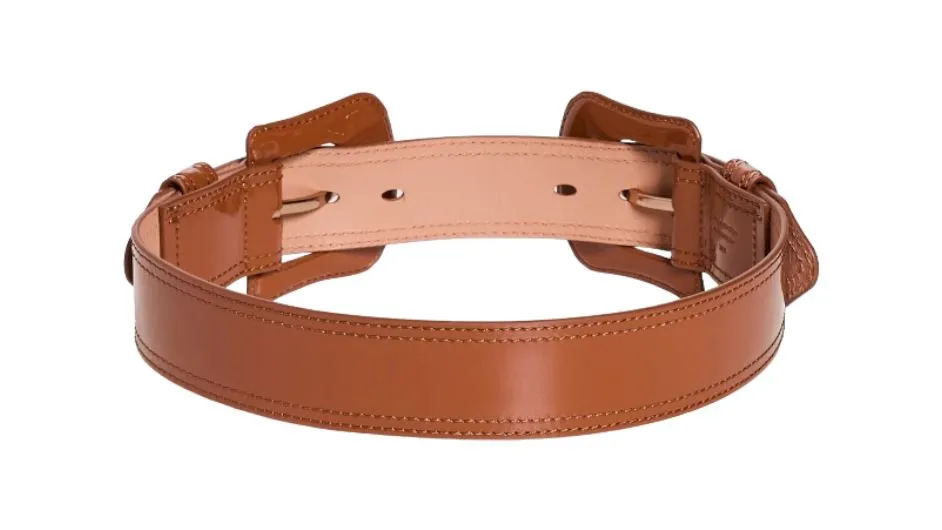 Zimmermann Double Buckle Belt | Patent Shiny Leather, Topstitching, Tan/Brown